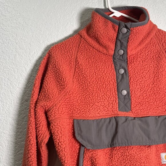 Carhartt Jacket Womens XS Orange Relaxed Fleece Pullover Sherpa 1/4 Snap Outdoor - Picture 2 of 9